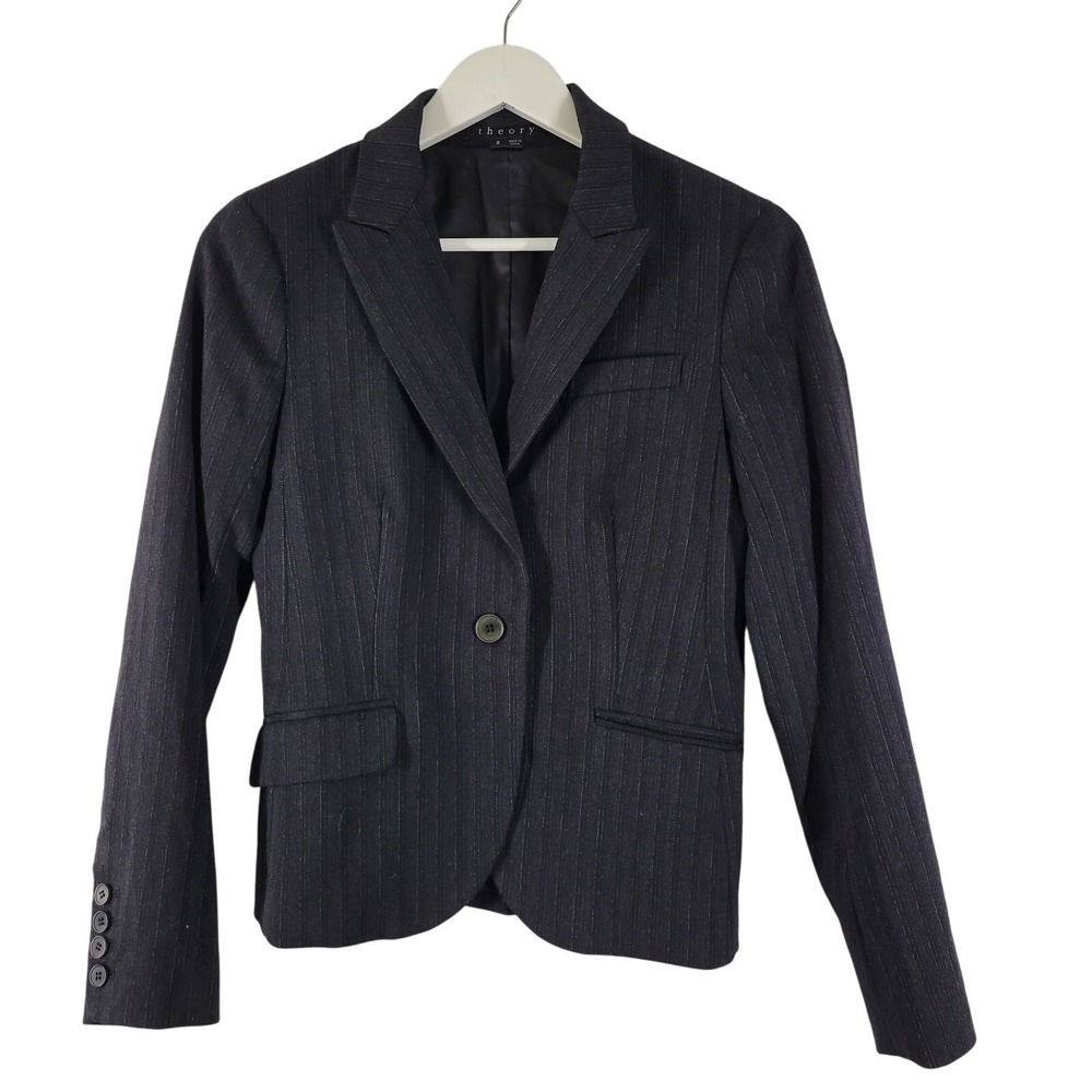 Theory Blazer Womens 2 Charcoal Gray Pinstripe Wool Blend Single‎ Button Jacket